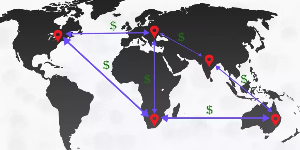 Карта на света показваща различни точки свързани с линия и летящи помежду им долари представляващи таксите за пренос на информация.