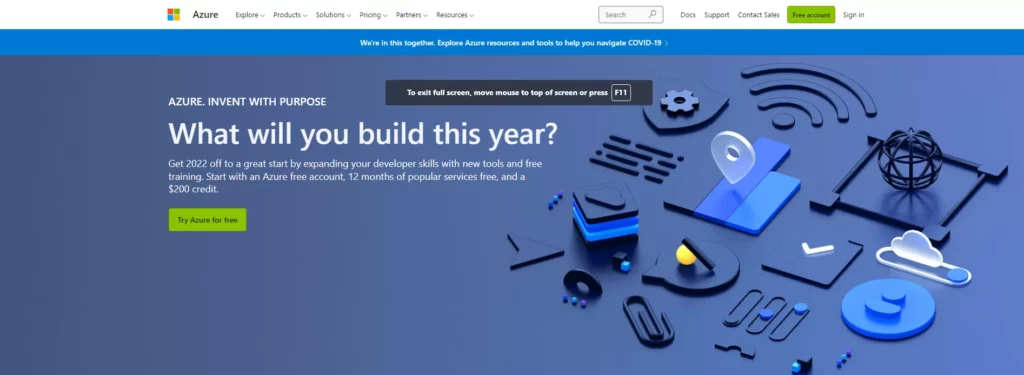 Screenshot of Azure web page.