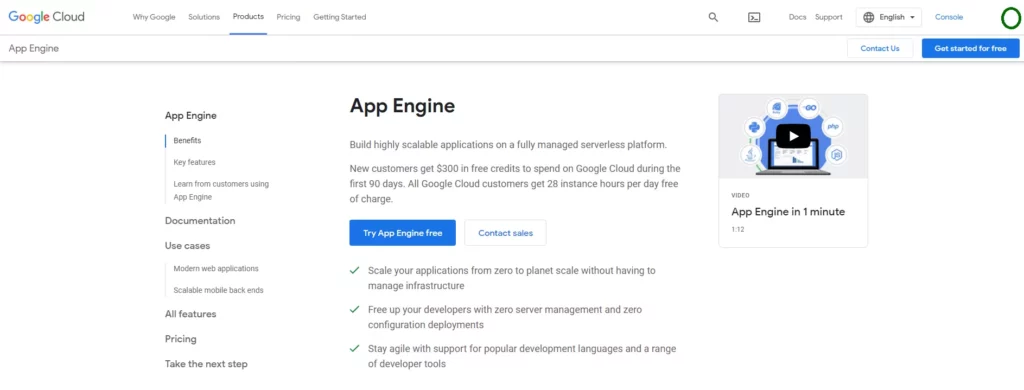 Screenshot of google app engine web page.