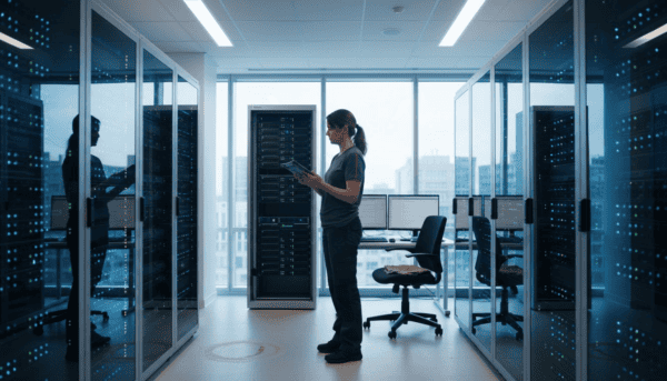 Engineer checks diagnostics in server room