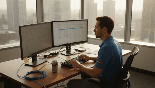 IT specialist setting up server in bright office
